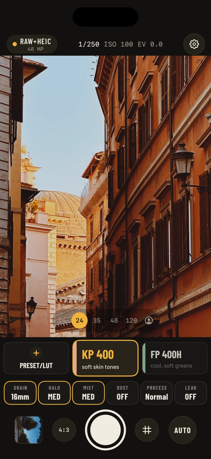 Actual Emulsine camera interface with film selection, grain and exposure controls