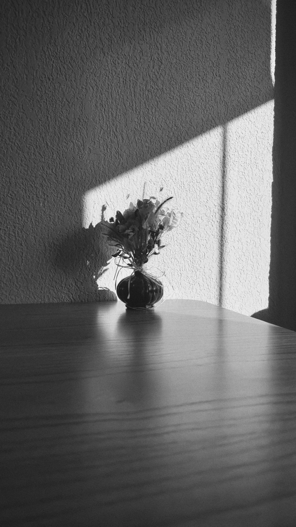 Black and white vase and wall rendered with 35mm grain